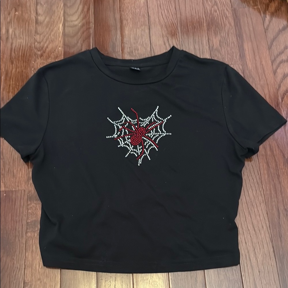 SHEIN Black Red Graphic Crop T-Shirt